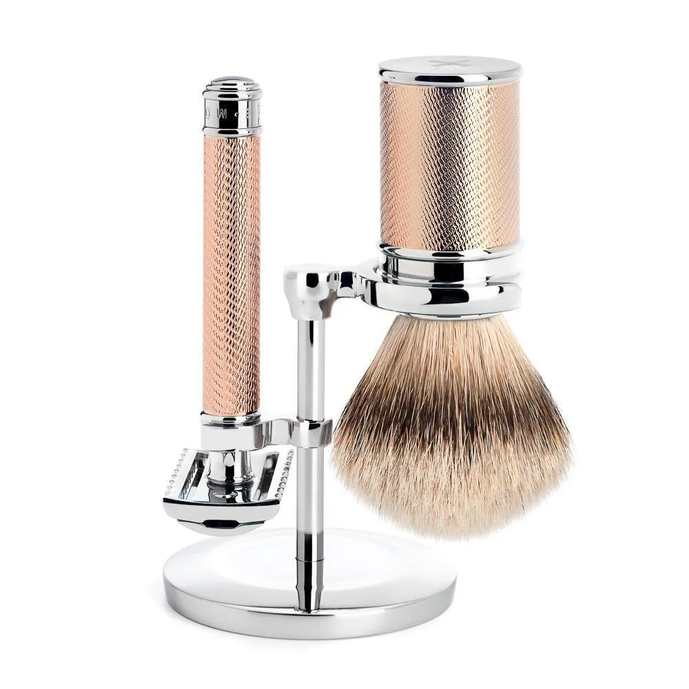 MÜHLE TRADITIONAL 3 Pc. Shaving Set, Silvertip Badger / Safety Razor, Open Comb, Rosegold Silver