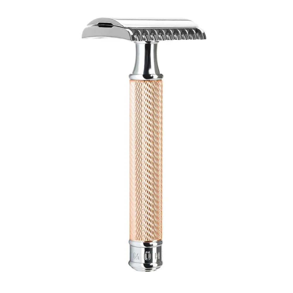 MÜHLE TRADITIONAL 3 Pc. Shaving Set, Silvertip Badger / Safety Razor, Open Comb, Rosegold Silver