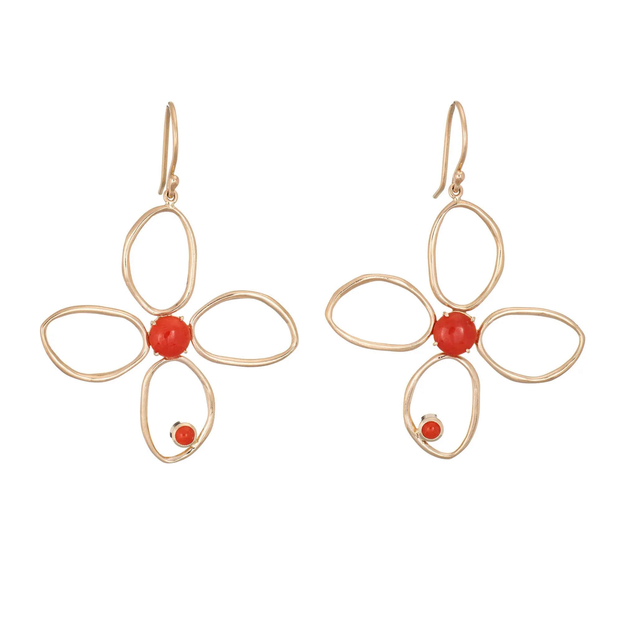 Natural Coral Earrings Large Flowers Estate 14k Yellow Gold Drops Fine Jewelry