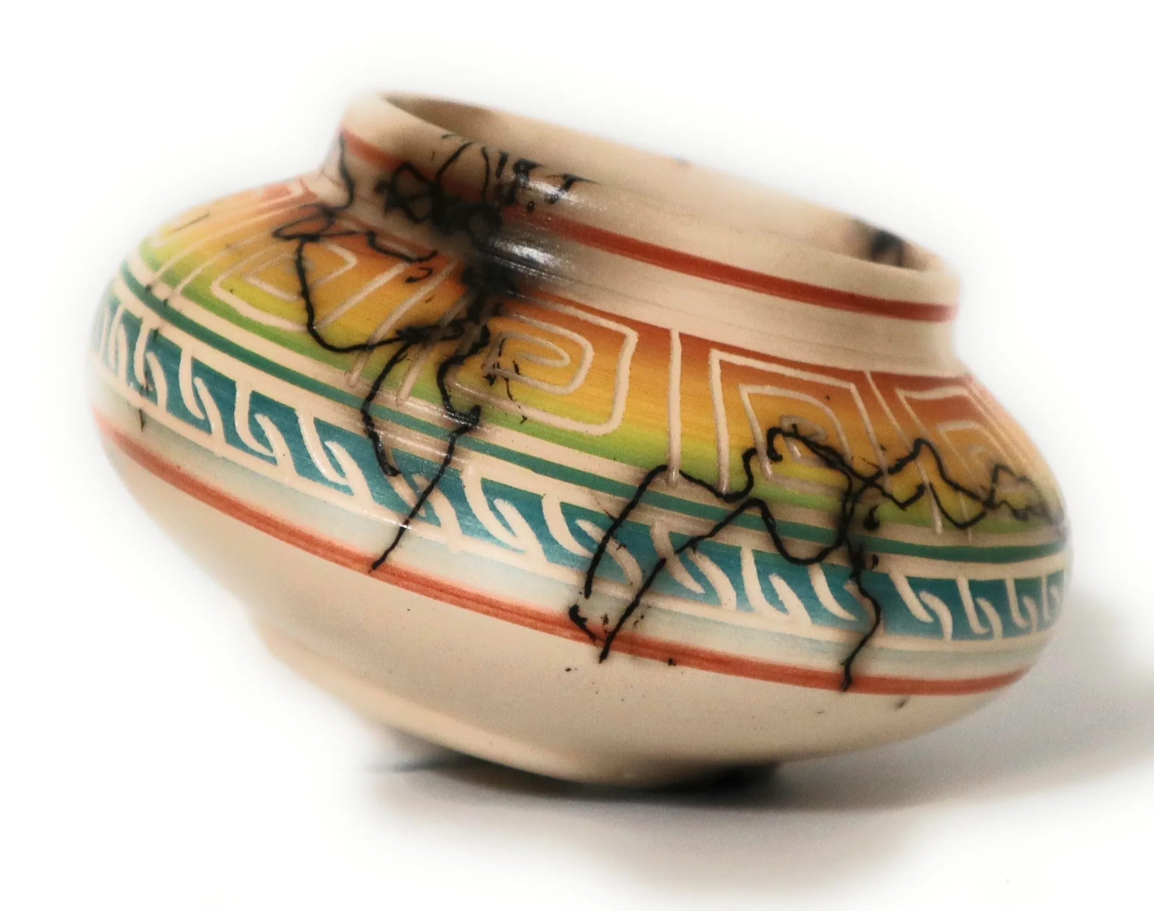 Navajo Ceramic Horse Hair Bowl Rainbow Colors Signed Ronald Smith 2.5" Tall