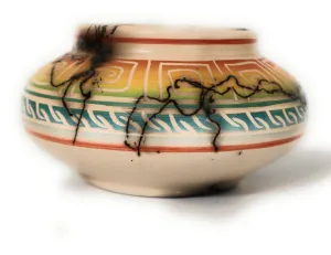 Navajo Ceramic Horse Hair Bowl Rainbow Colors Signed Ronald Smith 2.5" Tall