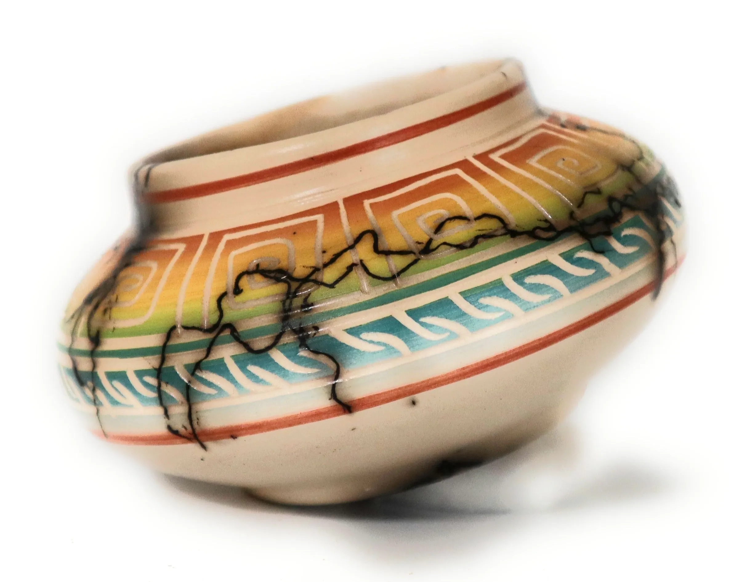Navajo Ceramic Horse Hair Bowl Rainbow Colors Signed Ronald Smith 2.5" Tall