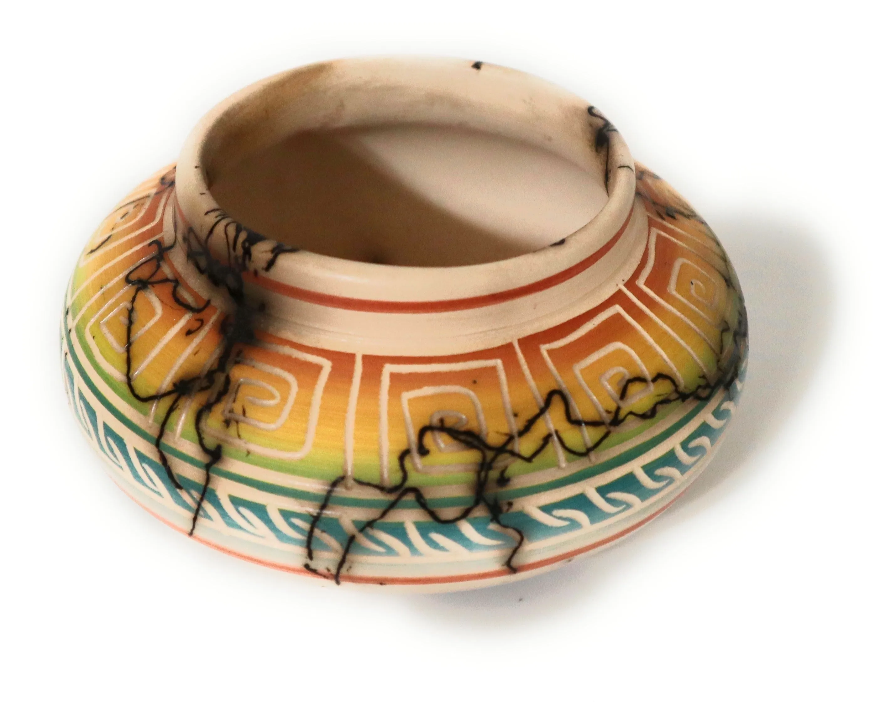 Navajo Ceramic Horse Hair Bowl Rainbow Colors Signed Ronald Smith 2.5" Tall