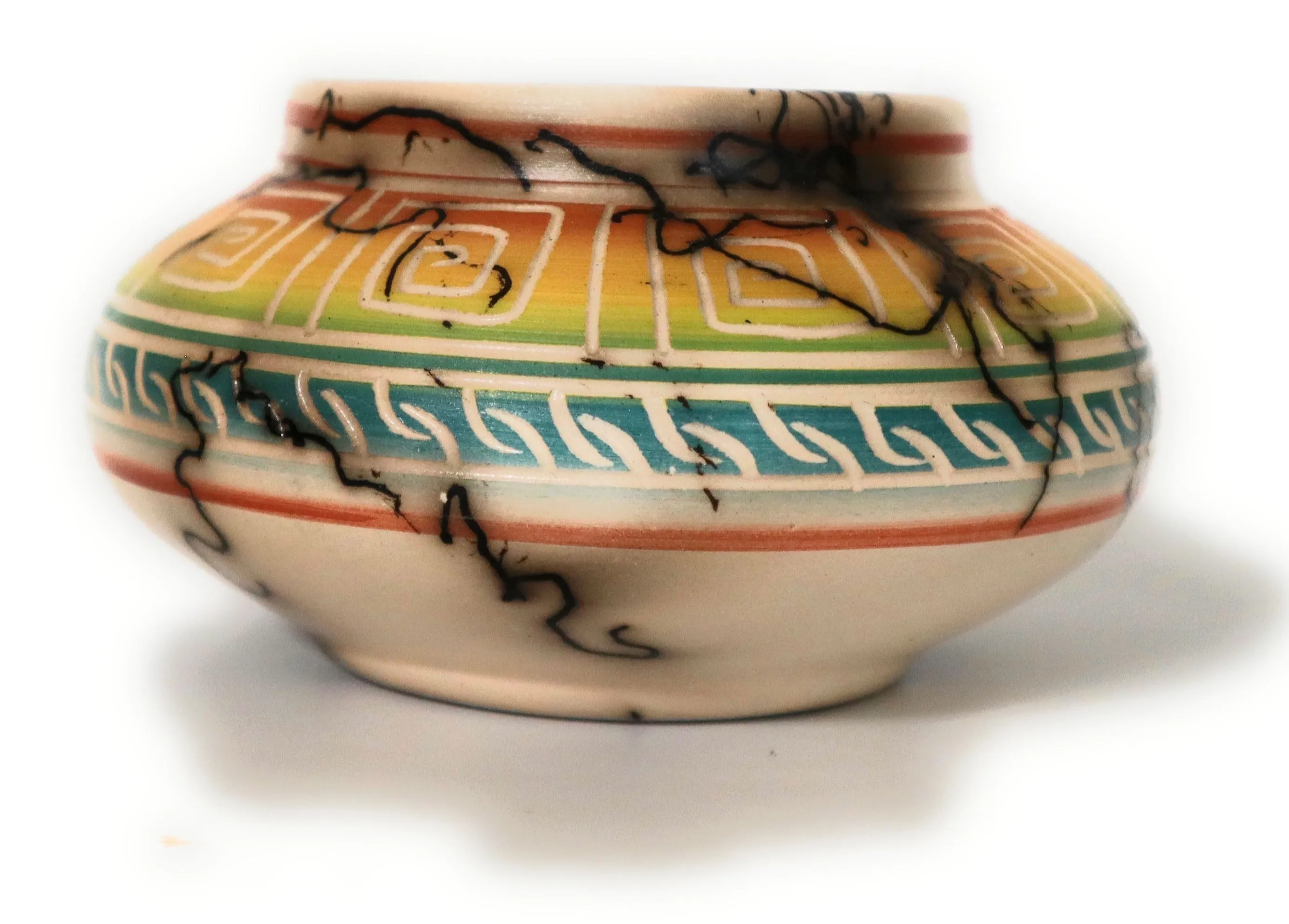 Navajo Ceramic Horse Hair Bowl Rainbow Colors Signed Ronald Smith 2.5" Tall