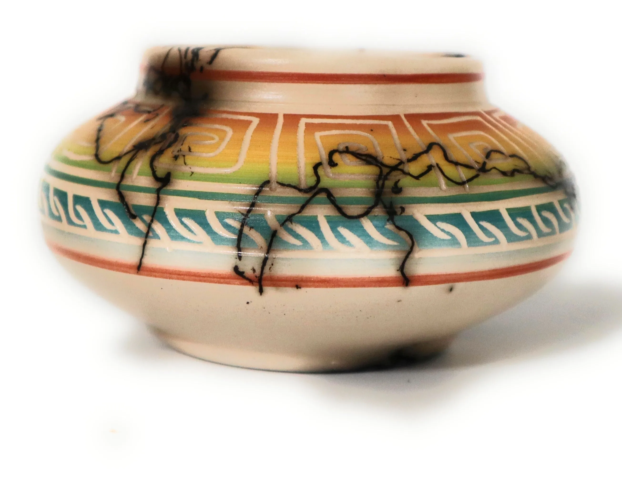 Navajo Ceramic Horse Hair Bowl Rainbow Colors Signed Ronald Smith 2.5" Tall