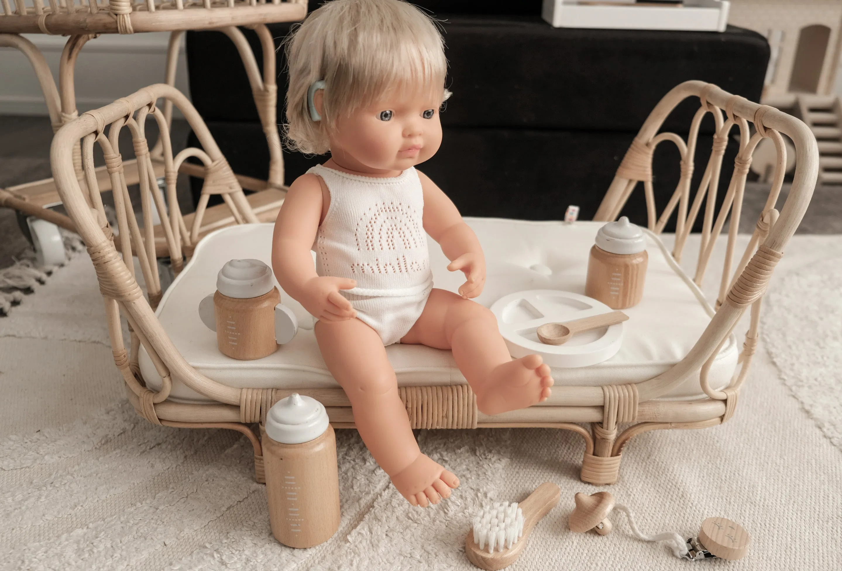 NEW miniland doll blonde european girl with hearing implant 38 cm