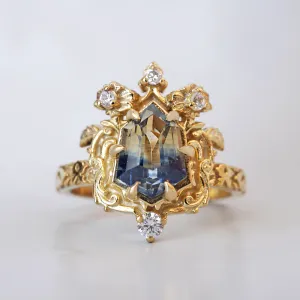 One Of A Kind: Bi Color Sapphire Shield Paradise Ring in 14K and 18K Gold