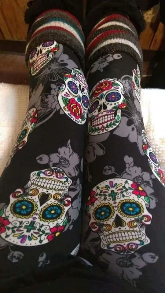 One Size Sugar Skull & Grey Floral Print Leggings on Black Background