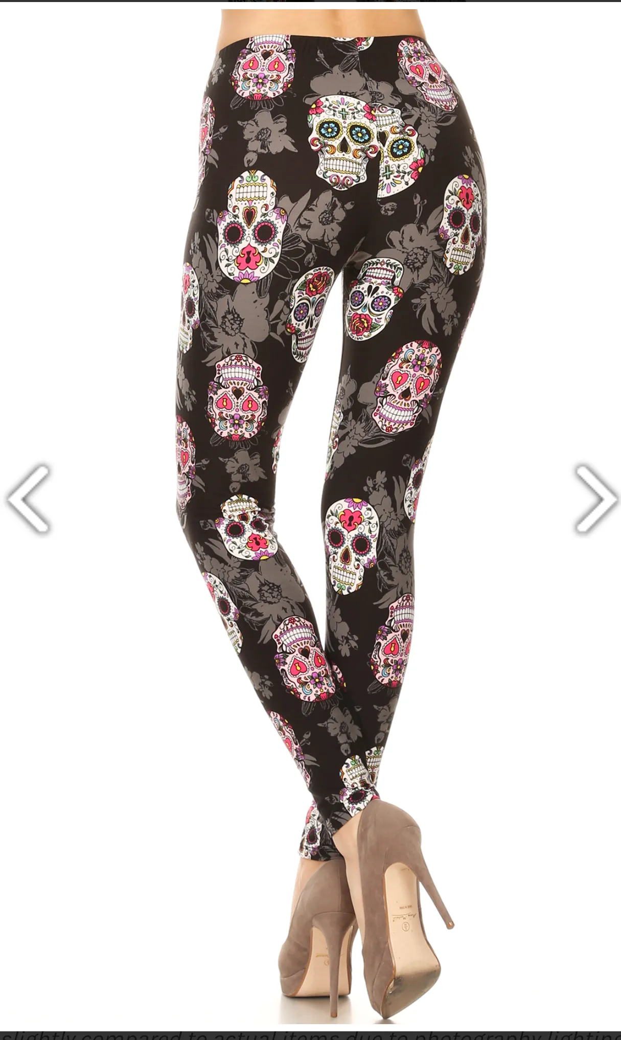 One Size Sugar Skull & Grey Floral Print Leggings on Black Background