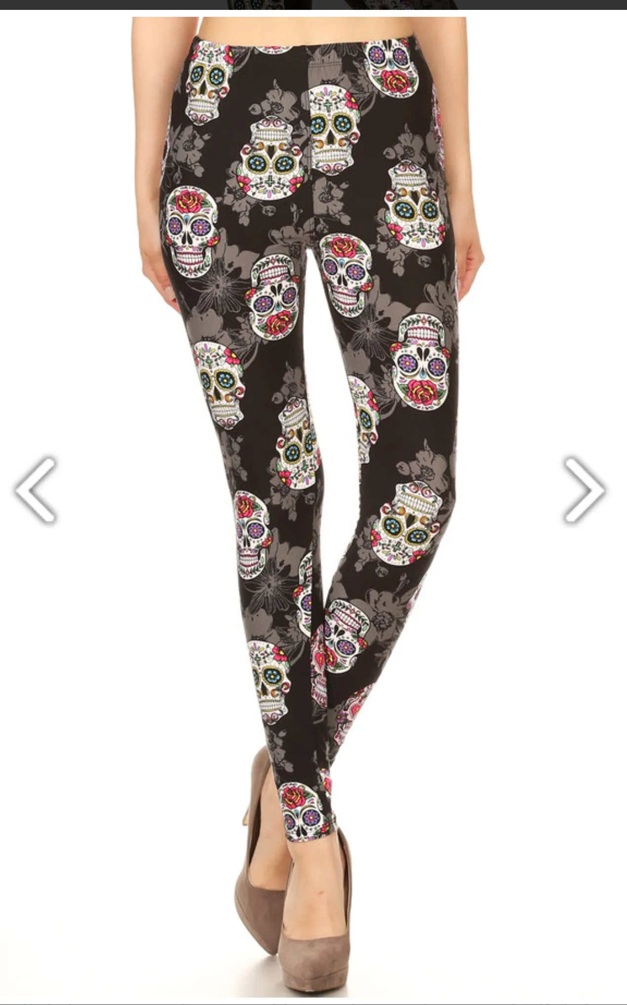 One Size Sugar Skull & Grey Floral Print Leggings on Black Background