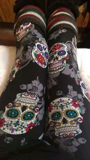 One Size Sugar Skull & Grey Floral Print Leggings on Black Background