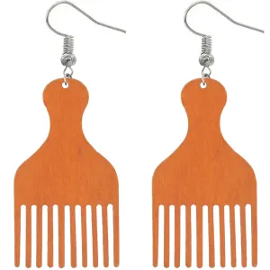 Orange Afro Pick Comb Afrocentric Wooden Earrings