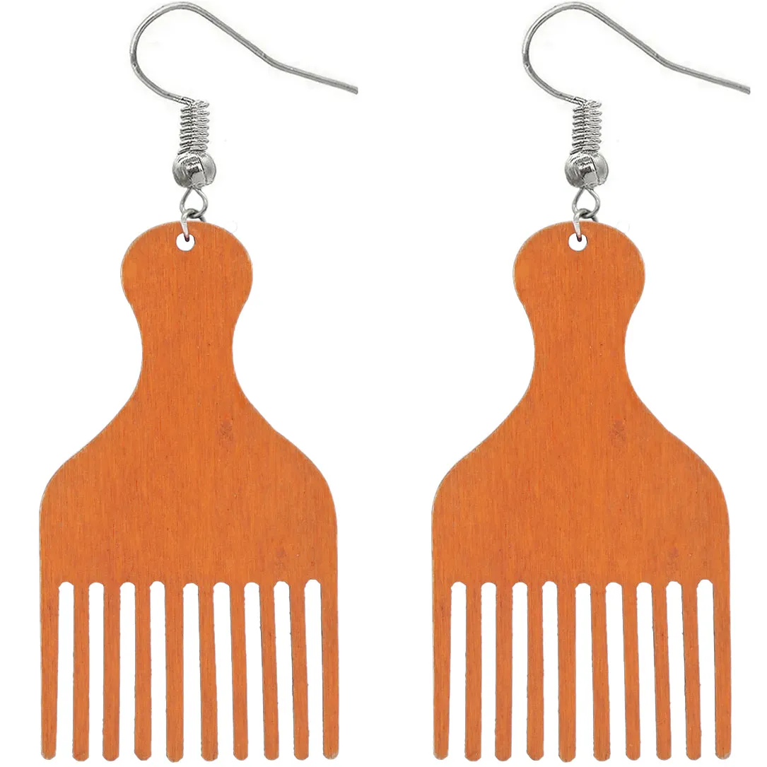 Orange Afro Pick Comb Afrocentric Wooden Earrings