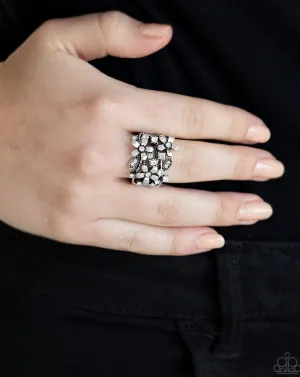 Paparazzi "Gardenia Gleam" Silver White Rhinestone Flower Cluster Floral Elastic Back Ring