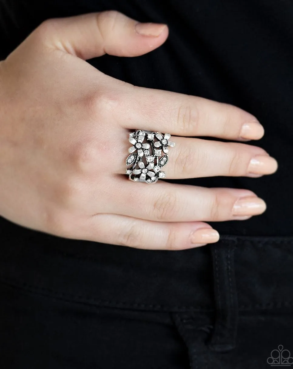 Paparazzi "Gardenia Gleam" Silver White Rhinestone Flower Cluster Floral Elastic Back Ring