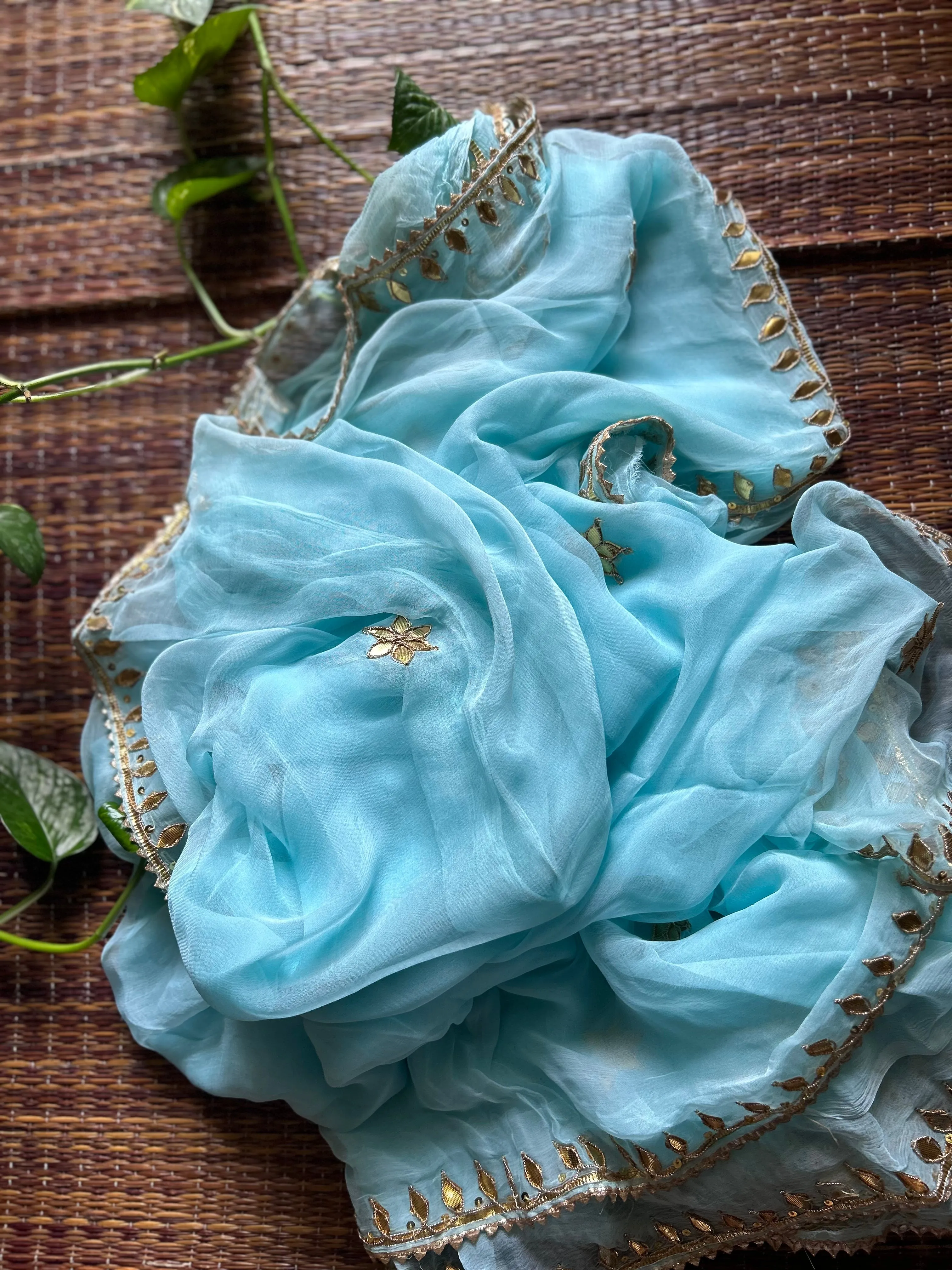 Pastel Blue Chiffon Gota Patti saree