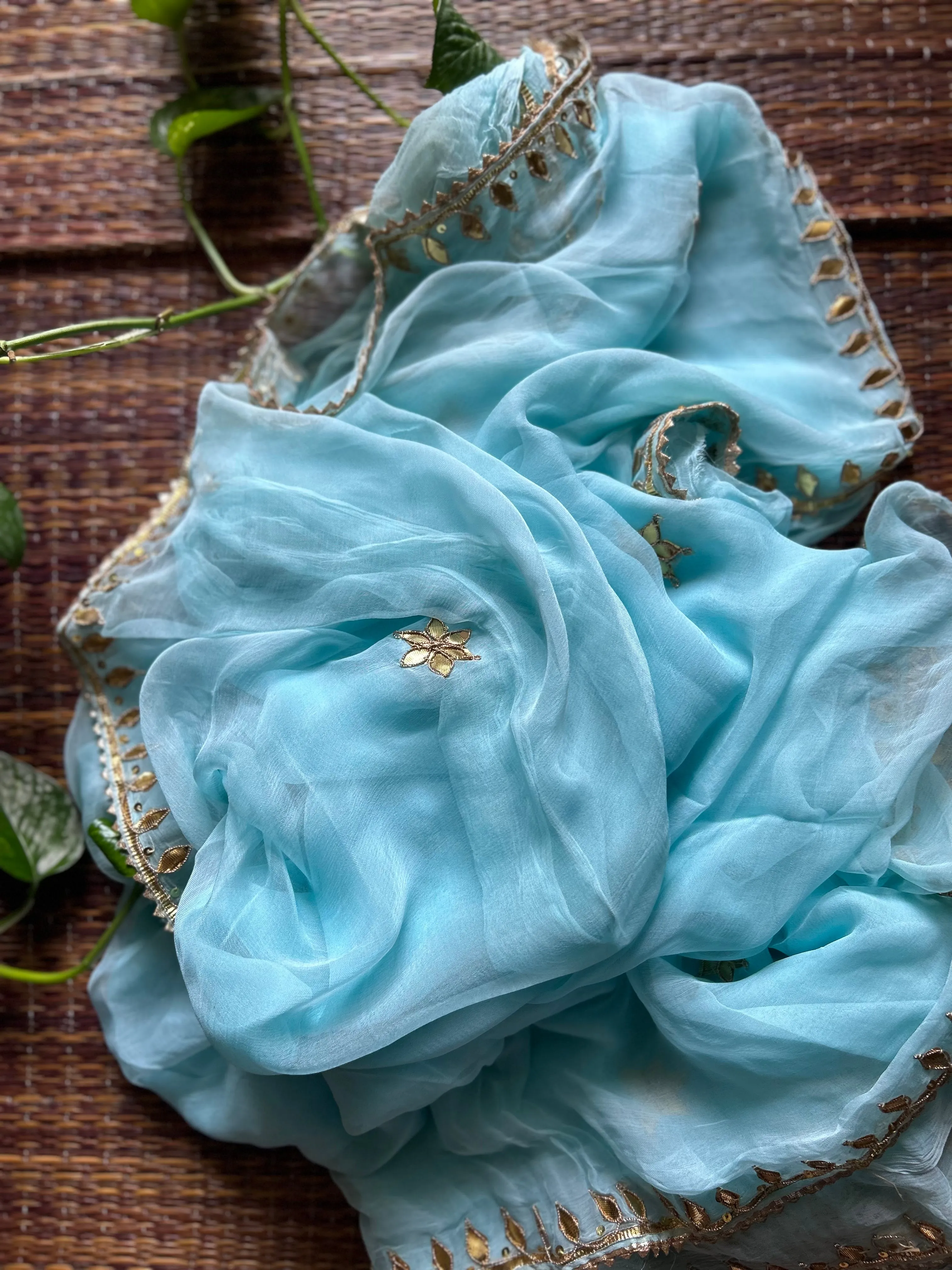 Pastel Blue Chiffon Gota Patti saree