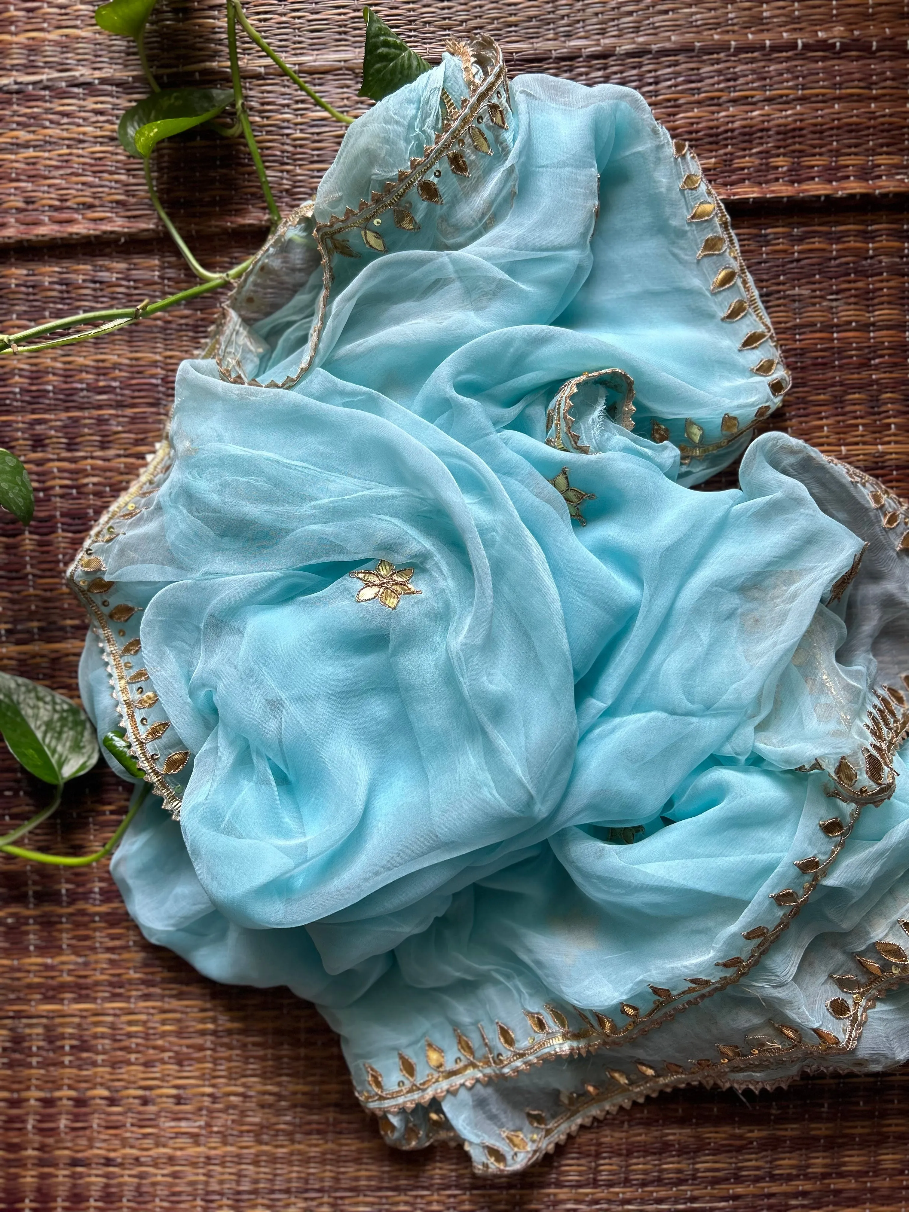 Pastel Blue Chiffon Gota Patti saree