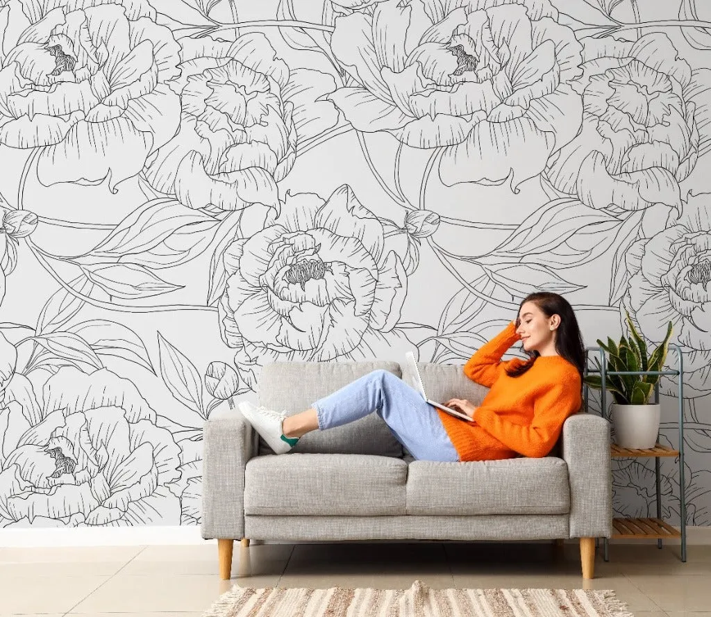 Peonies Outline Wallpaper Mural