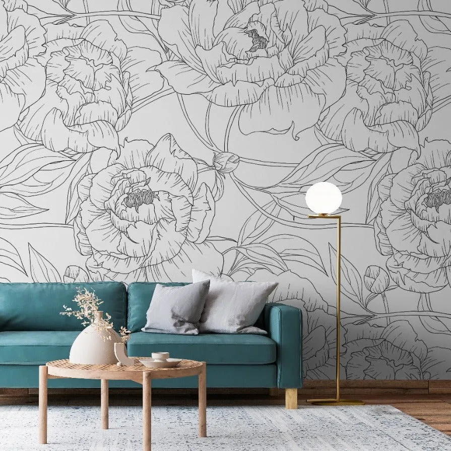 Peonies Outline Wallpaper Mural