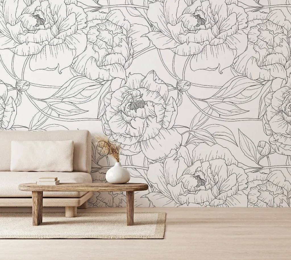 Peonies Outline Wallpaper Mural