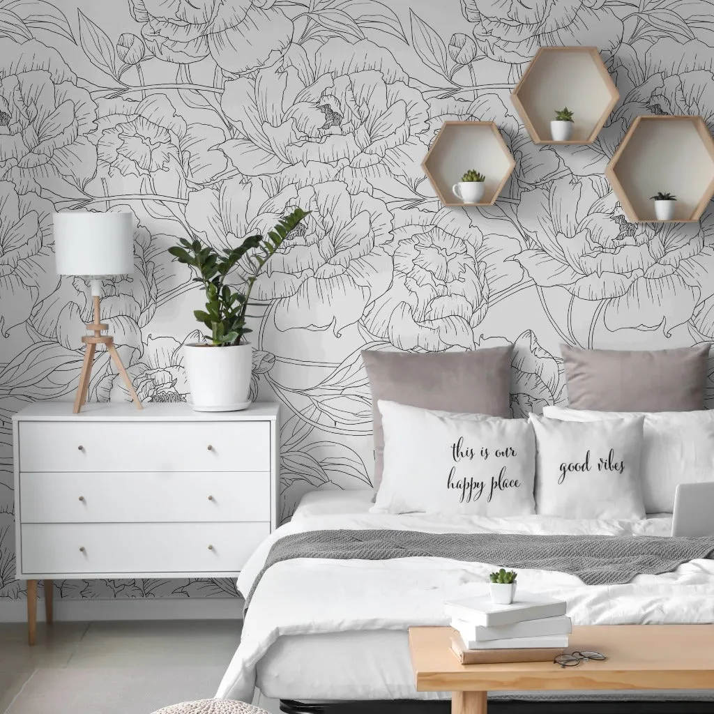 Peonies Outline Wallpaper Mural