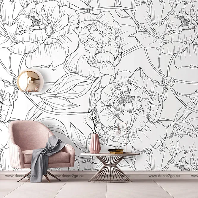 Peonies Outline Wallpaper Mural