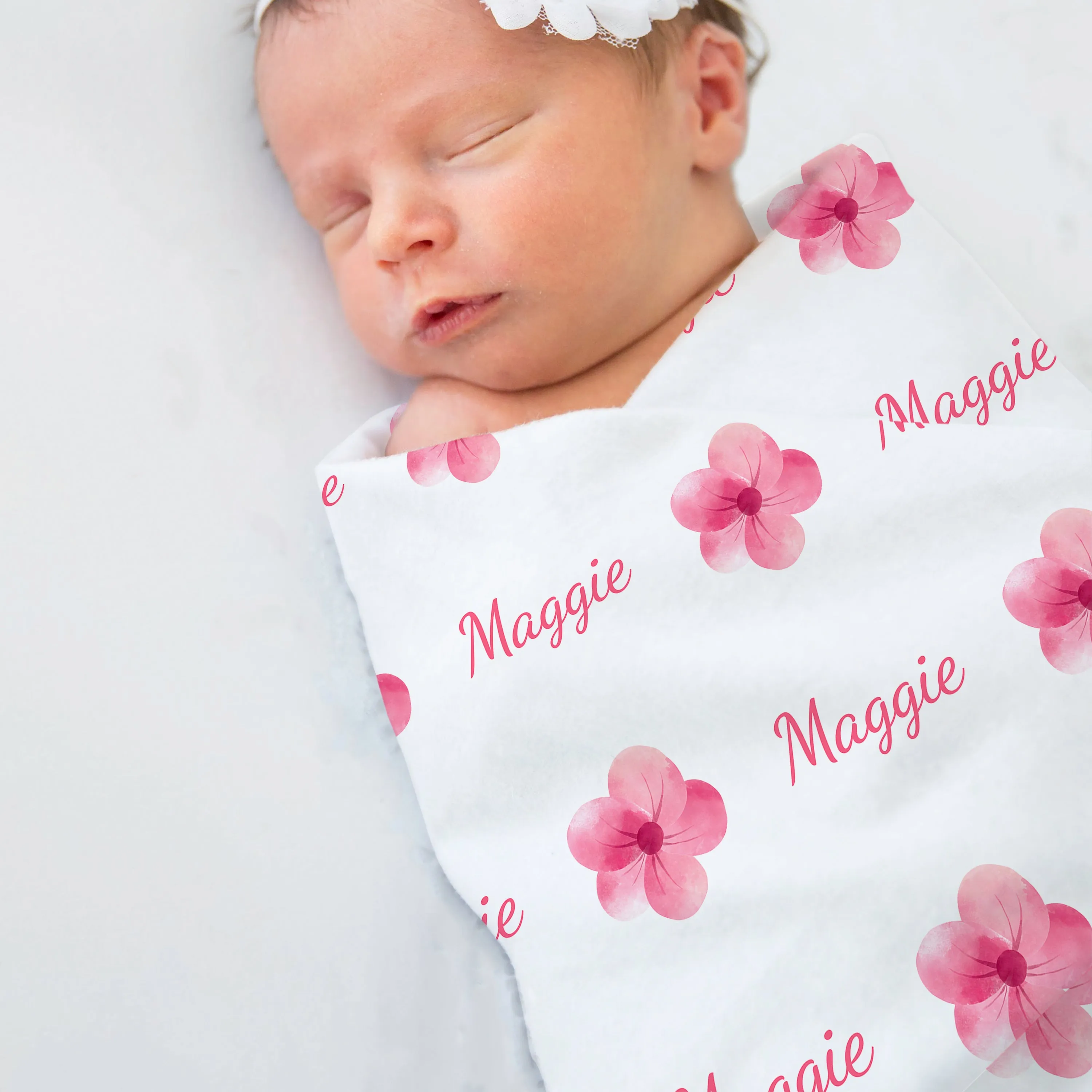 Personalized Pink Flower Baby Name Blanket