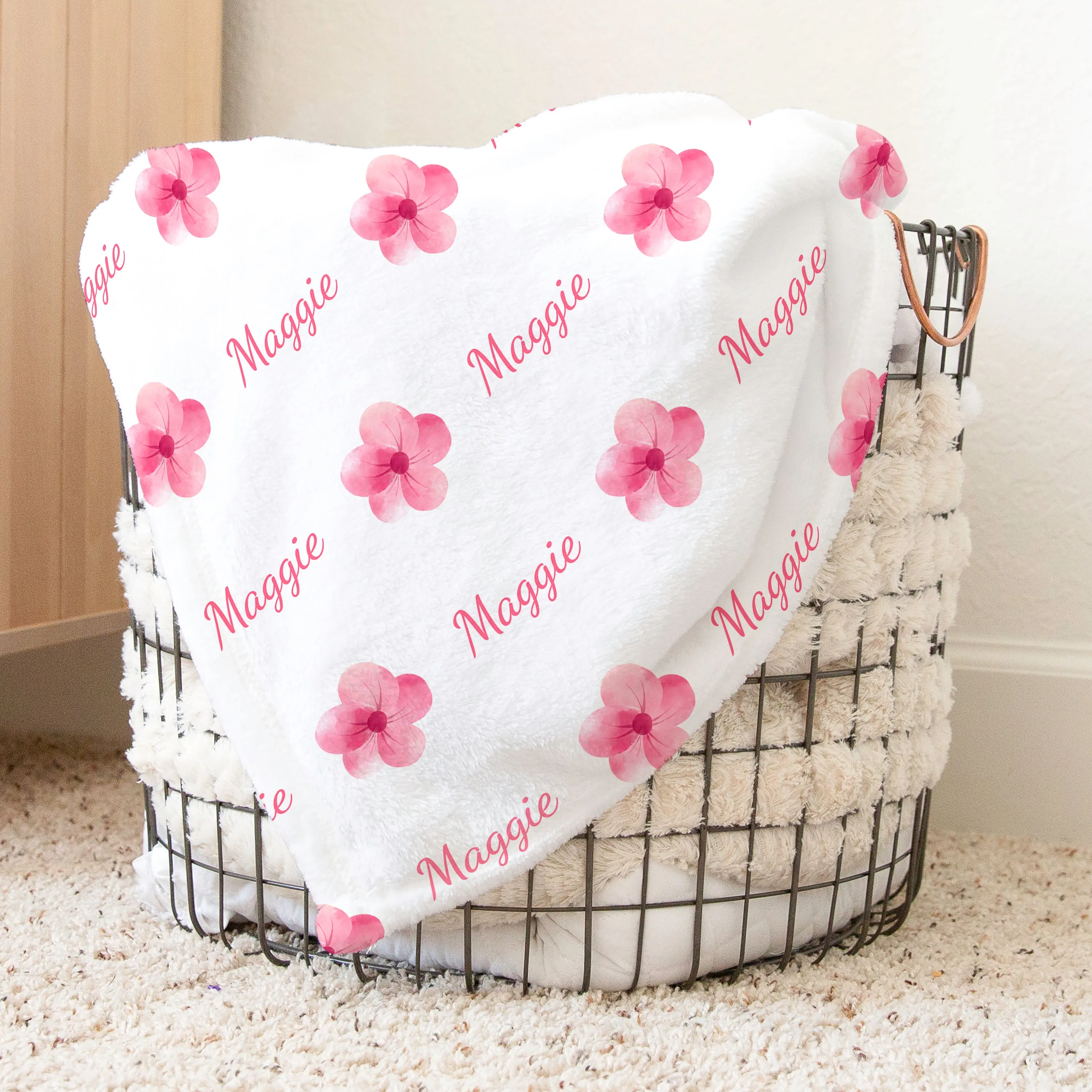 Personalized Pink Flower Baby Name Blanket