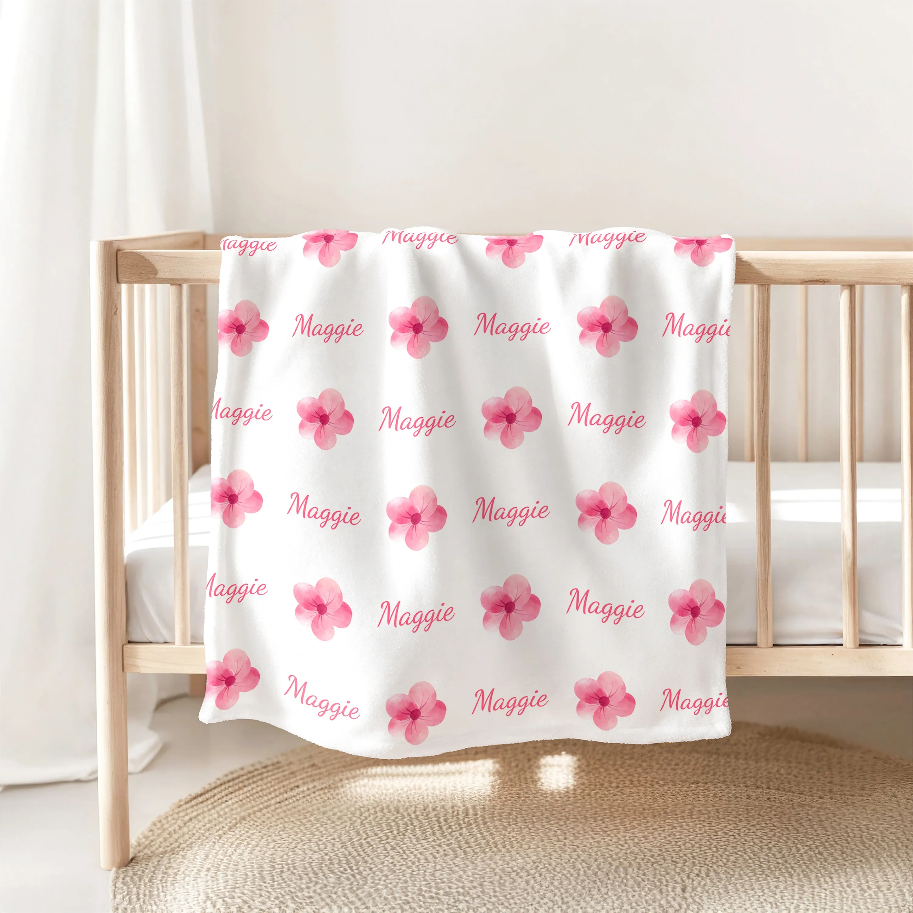 Personalized Pink Flower Baby Name Blanket