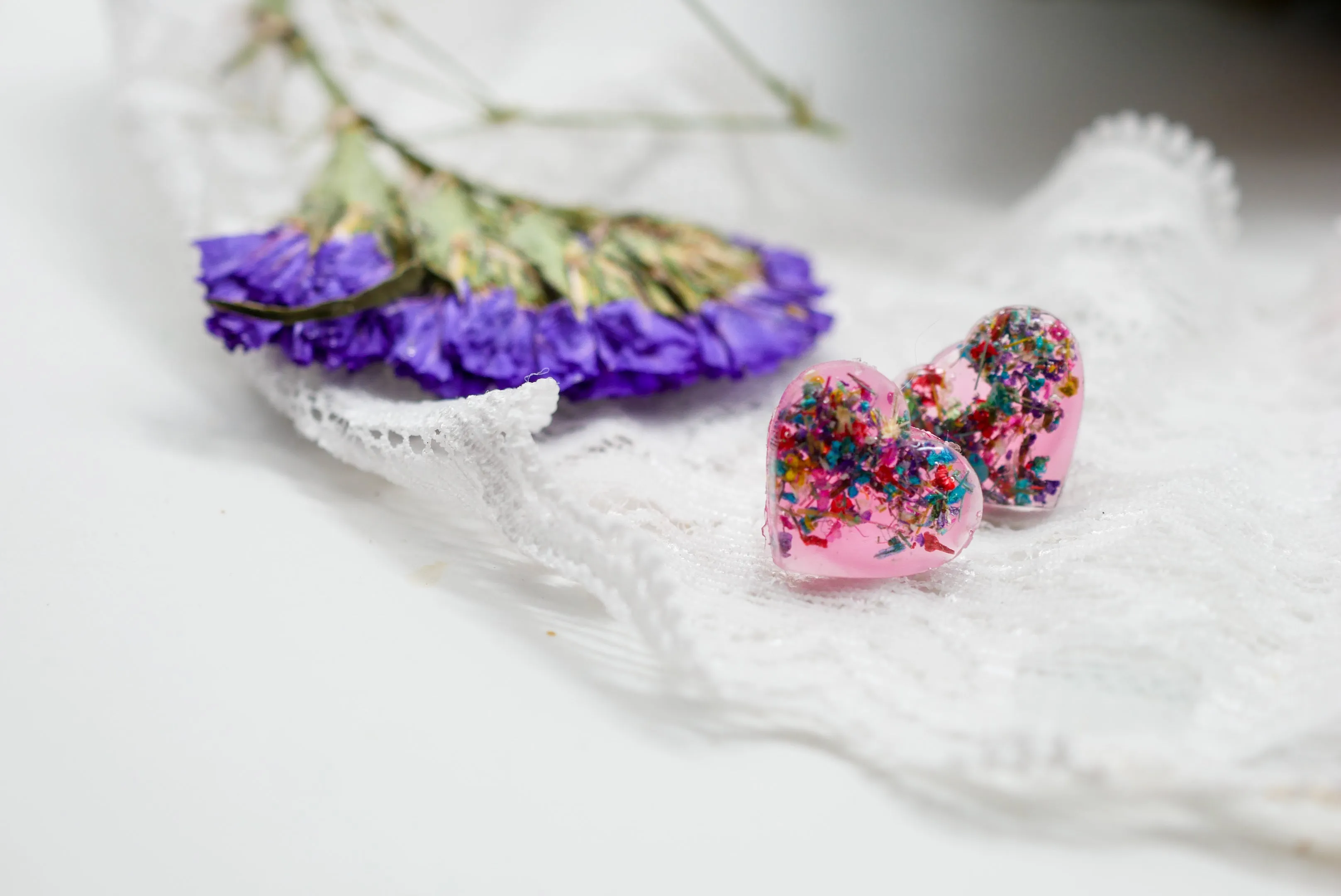 Pink Flower Confetti Heart Stud Earrings – Hypoallergenic, Metal-Free, Handmade with Real Flowers