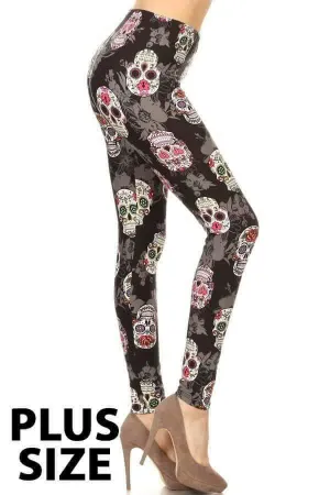Plus Size Sugar Skulls w/Grey Flowers on Black Background