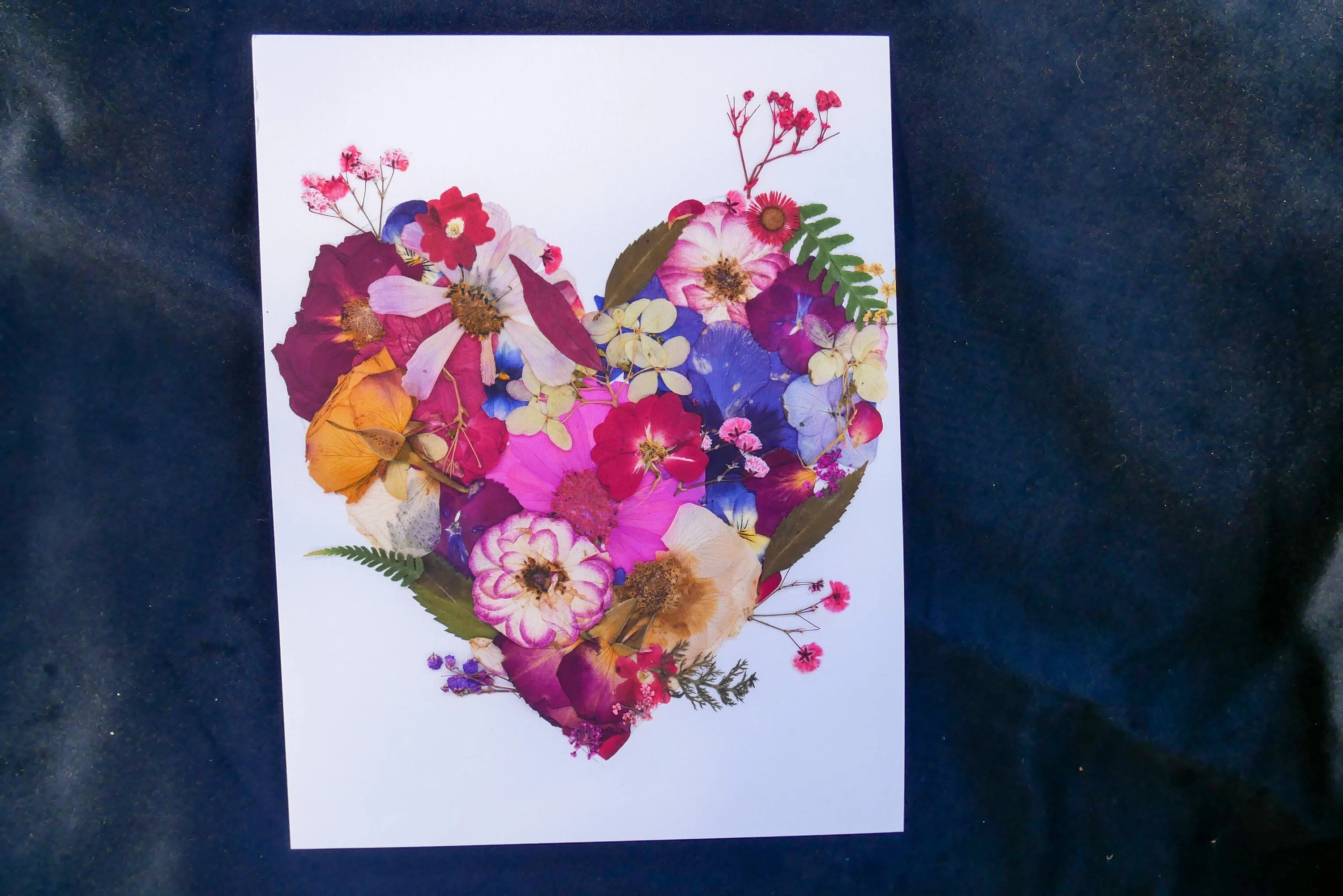 Pressed flower heart art, floral collage heart, whimsical art made with real flowers