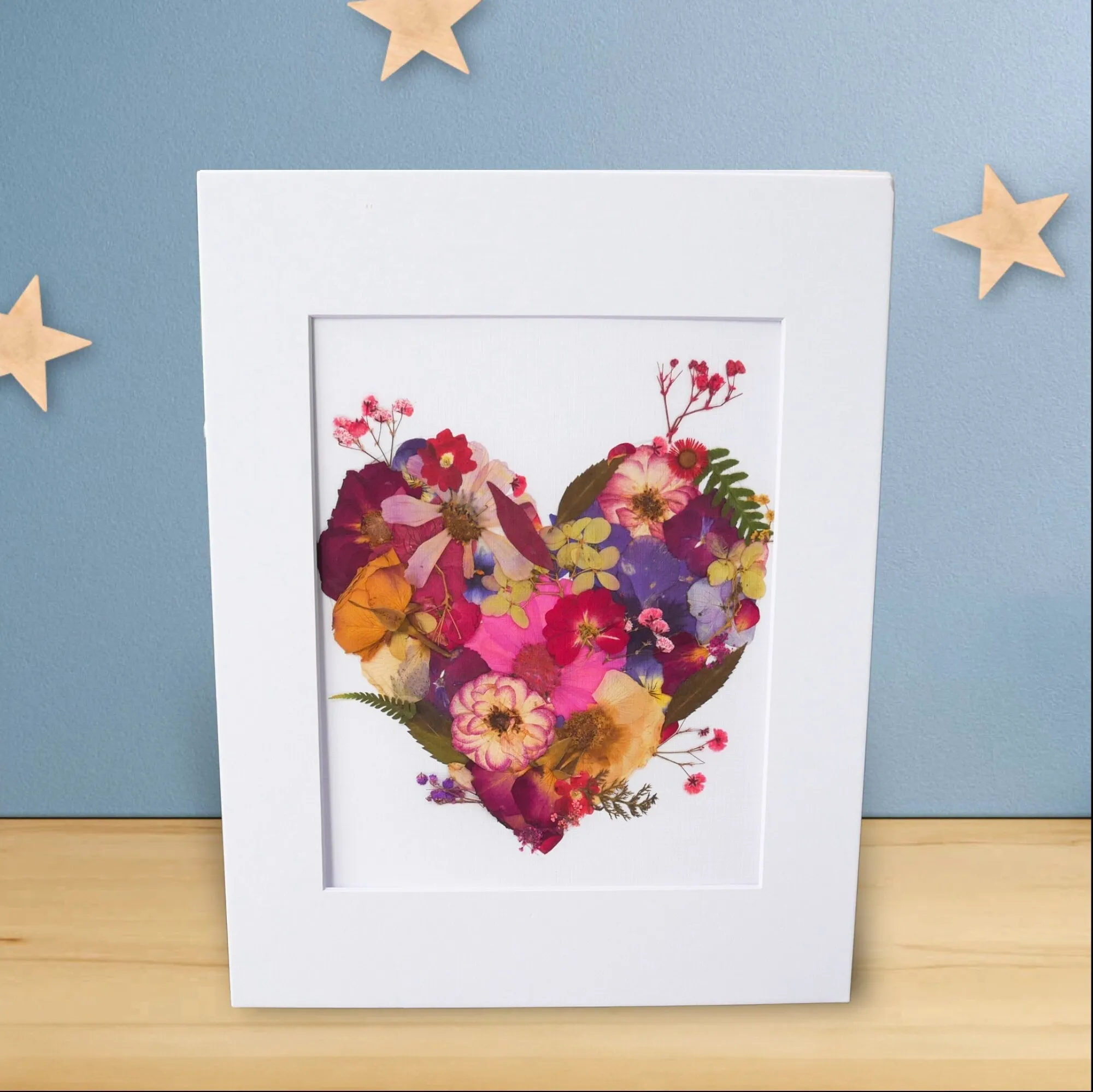 Pressed flower heart art, floral collage heart, whimsical art made with real flowers