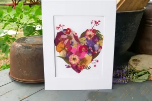 Pressed flower heart art, floral collage heart, whimsical art made with real flowers