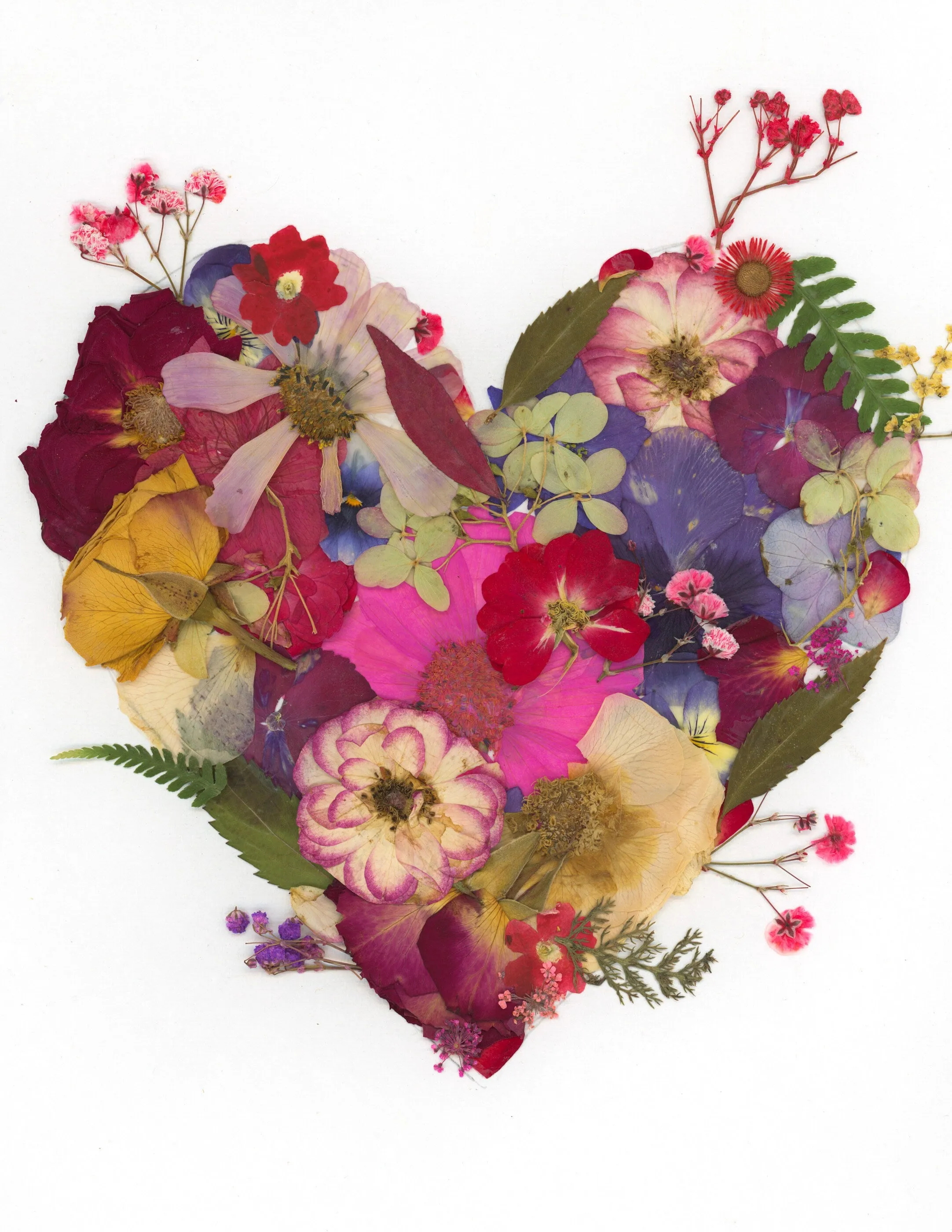 Pressed flower heart art, floral collage heart, whimsical art made with real flowers