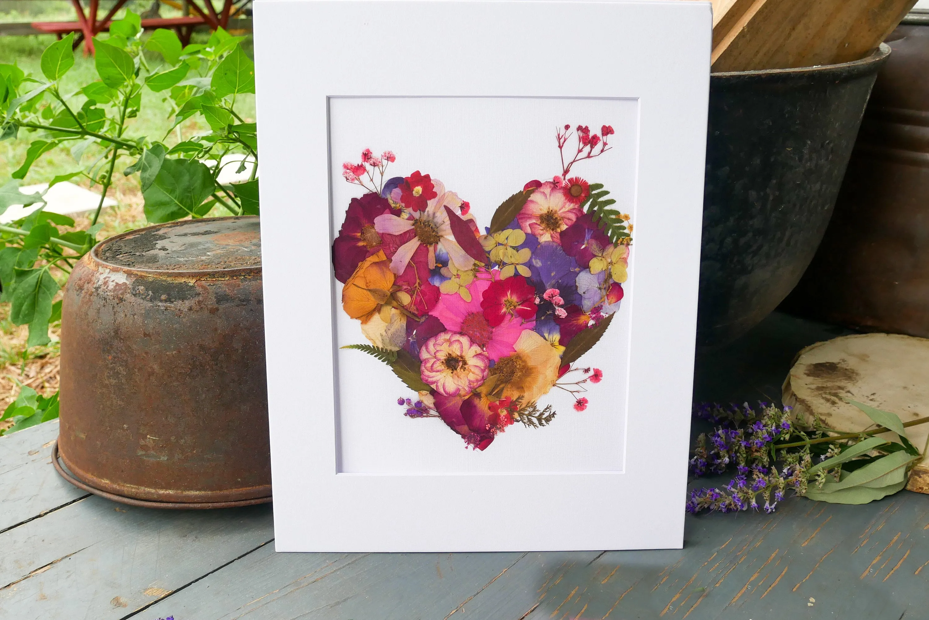Pressed flower heart art, floral collage heart, whimsical art made with real flowers