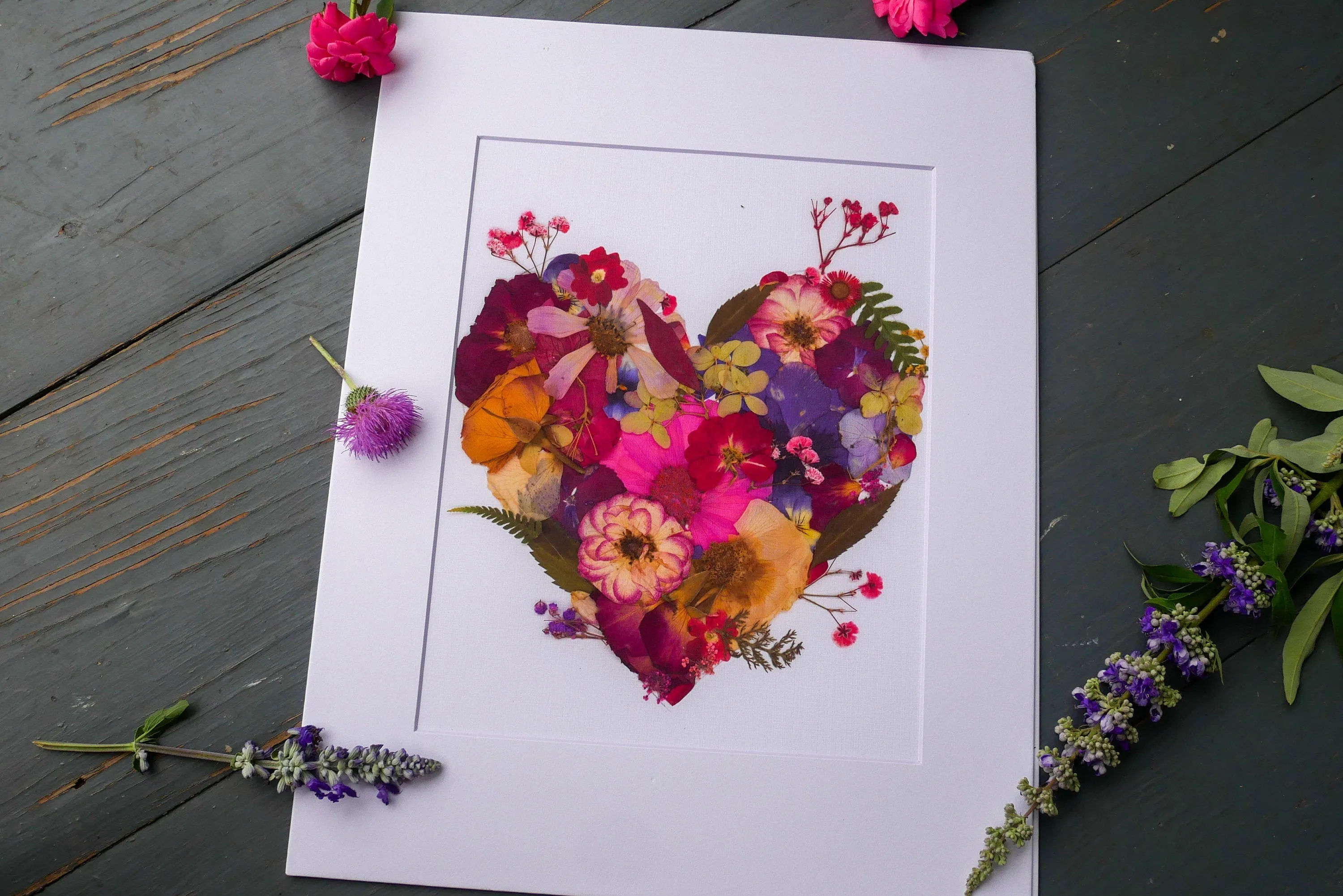 Pressed flower heart art, floral collage heart, whimsical art made with real flowers
