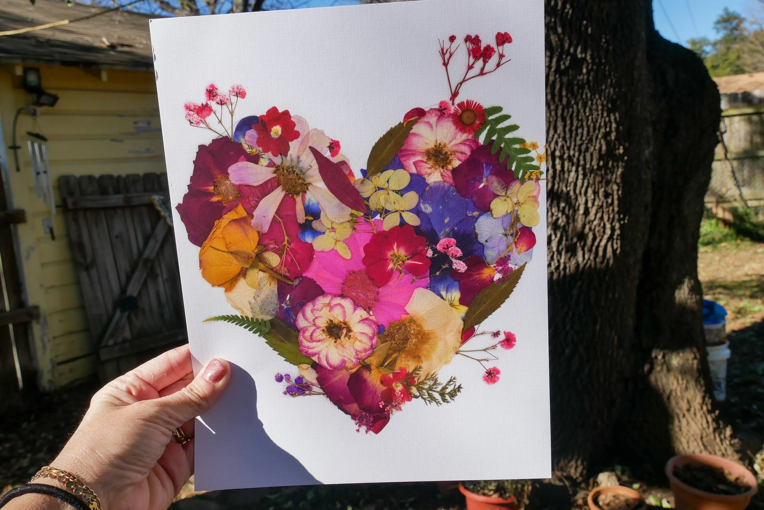 Pressed flower heart art, floral collage heart, whimsical art made with real flowers