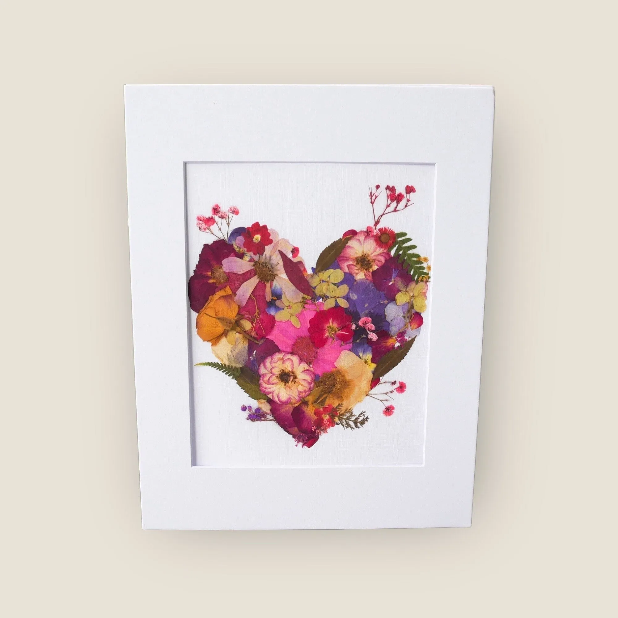 Pressed flower heart art, floral collage heart, whimsical art made with real flowers