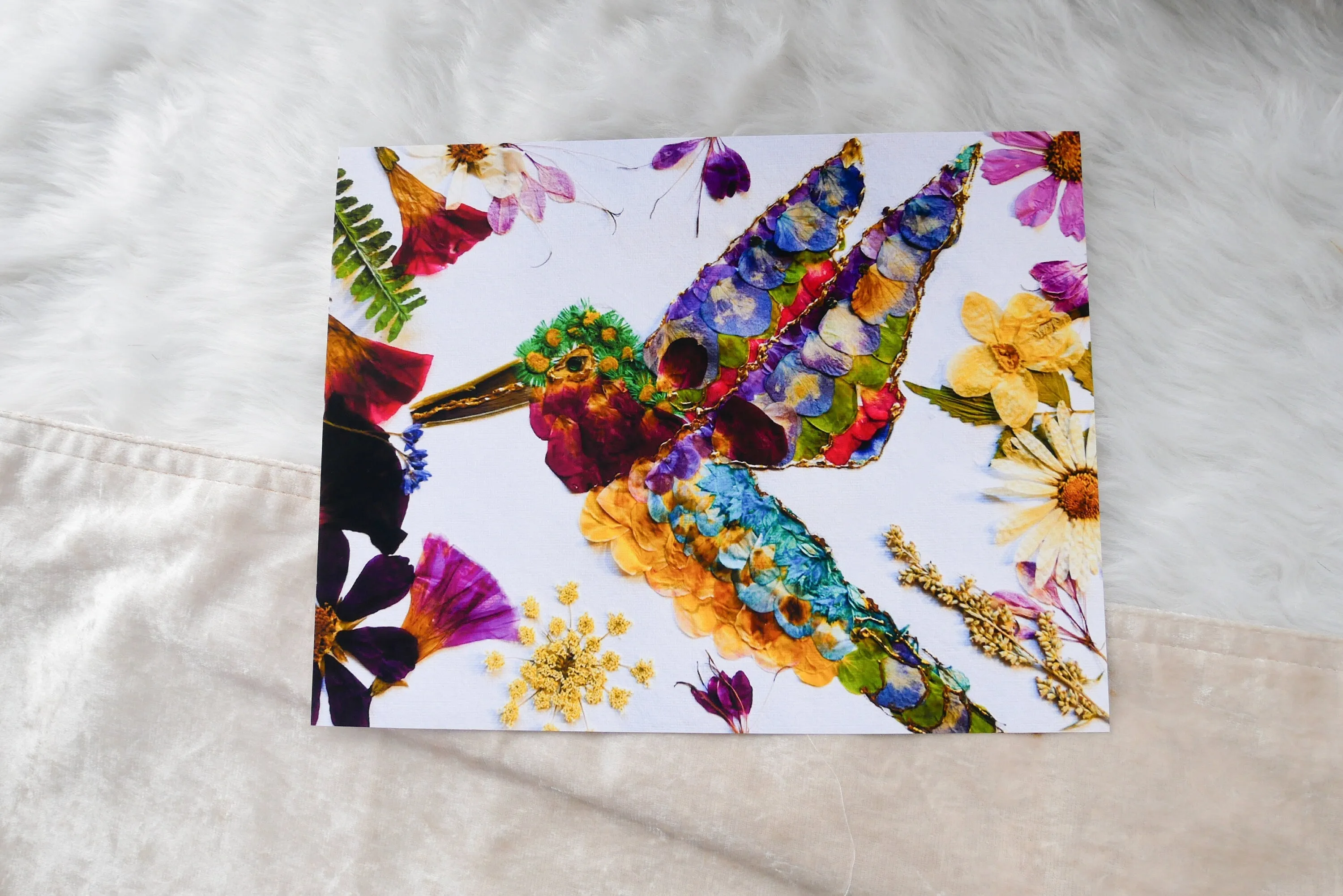 Pressed flower hummingbird greeting card , real flower art PRINT