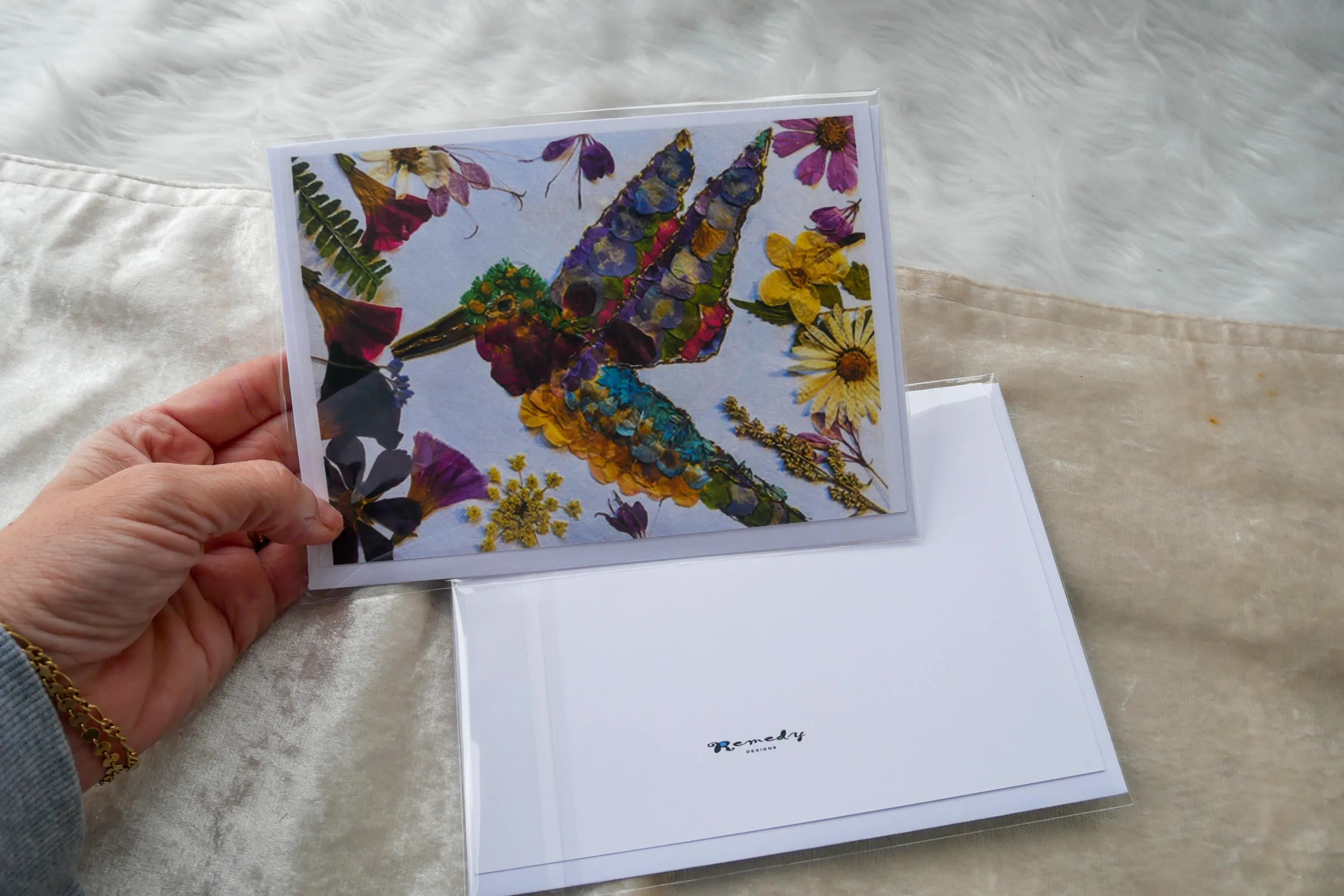 Pressed flower hummingbird greeting card , real flower art PRINT