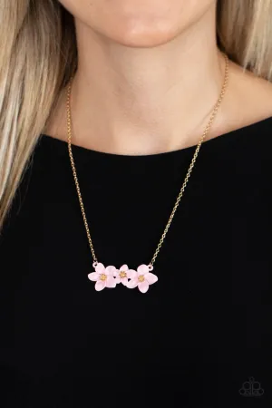 "Petunia Picnic" Gold Metal & Triple Pink Acrylic Flowers Necklace Set