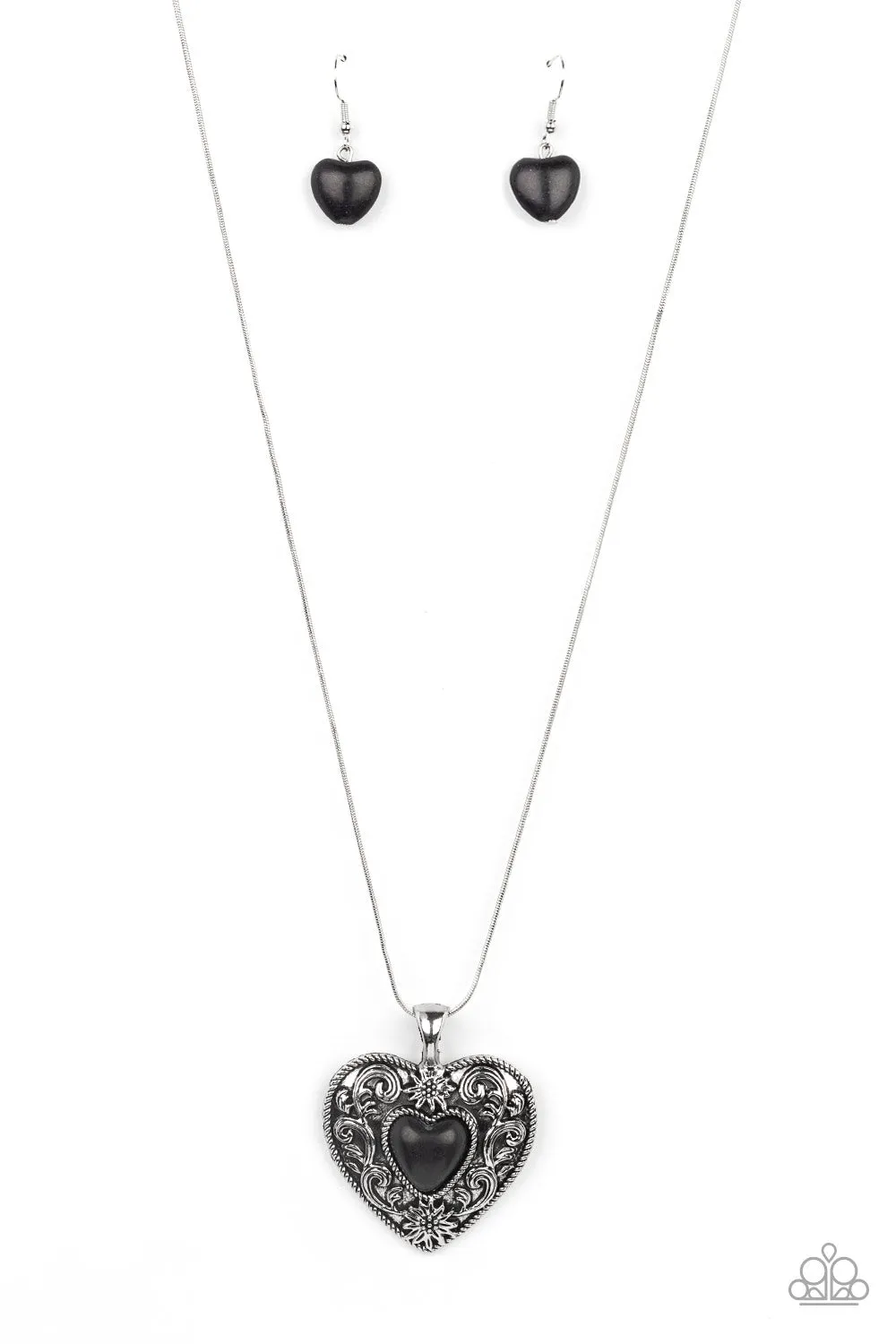"Wholeheartedly Whimsical" Silver Metal & Black Stone Scroll Work Heart Necklace Set