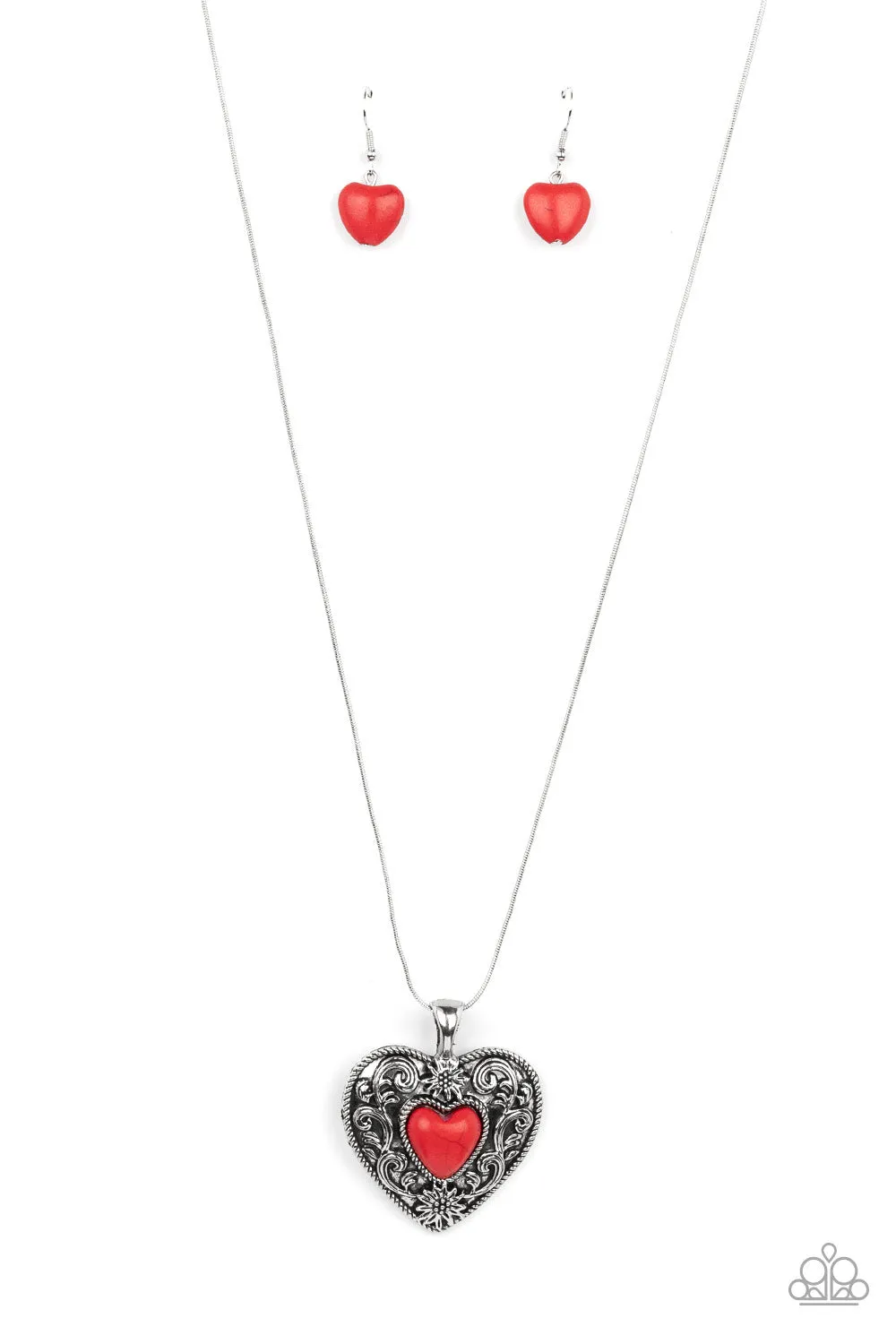 "Wholeheartedly Whimsical" Silver Metal & Red Stone Scroll Work Heart Necklace Set