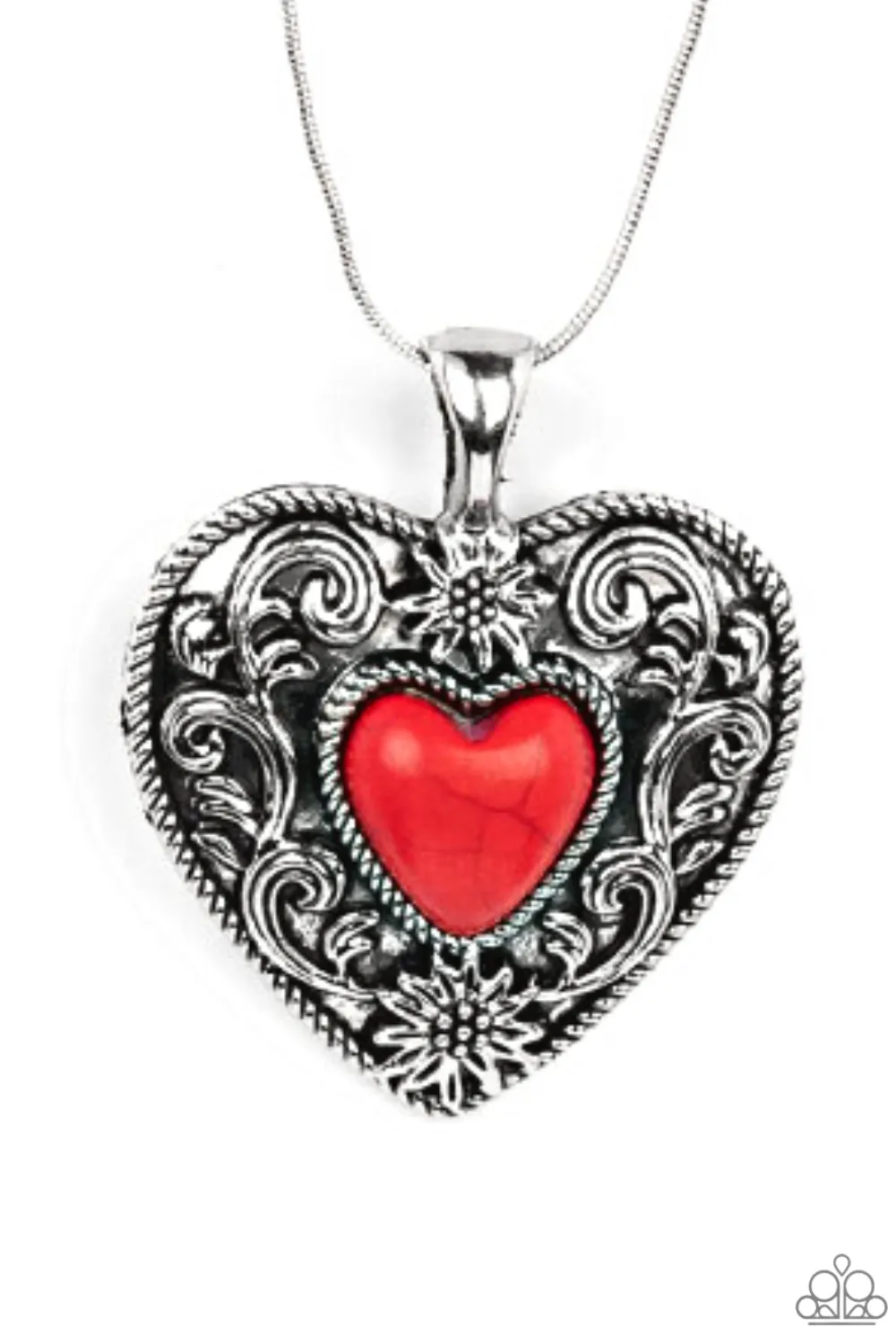 "Wholeheartedly Whimsical" Silver Metal & Red Stone Scroll Work Heart Necklace Set