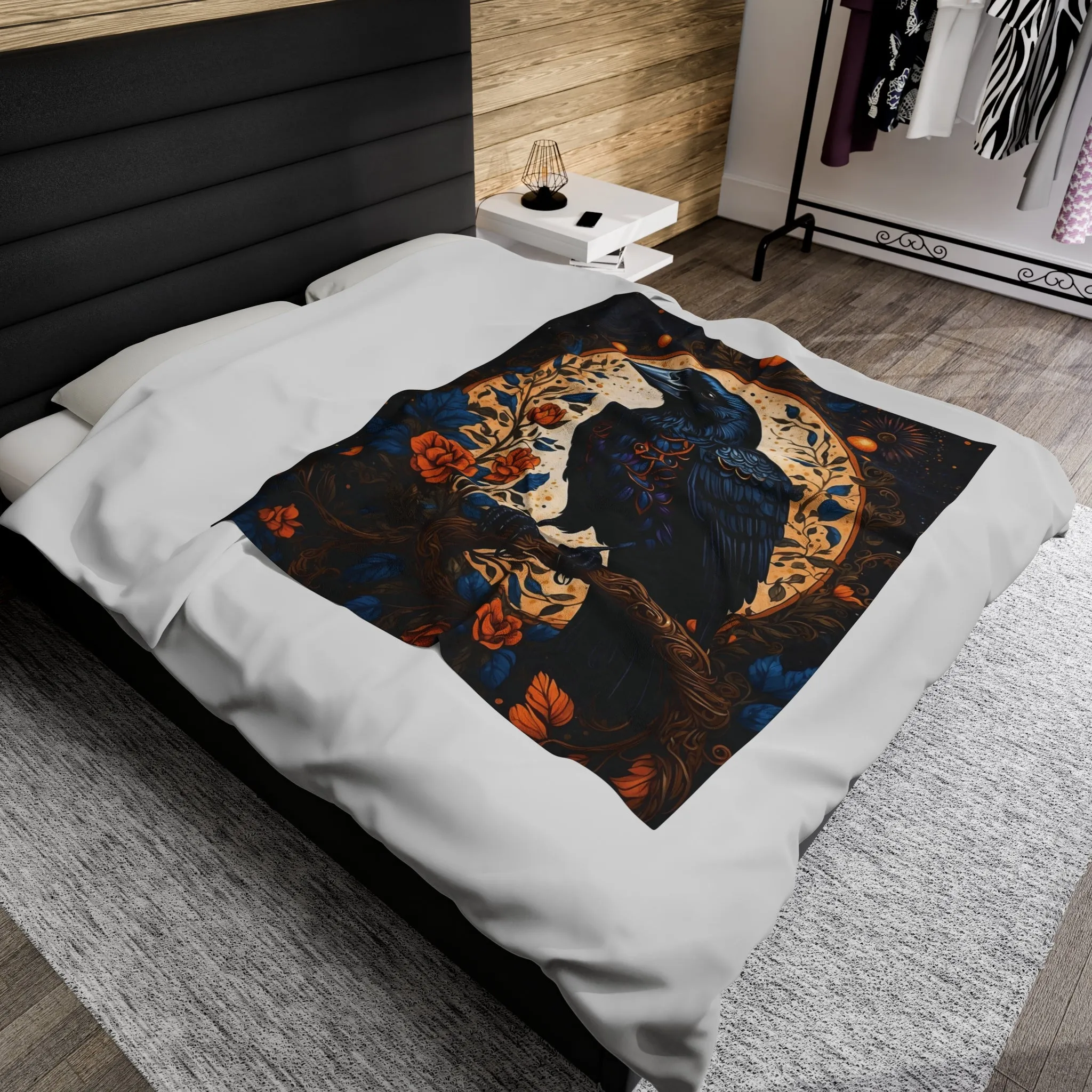 Raven with Orange Flowers Velveteen Plush Blanket