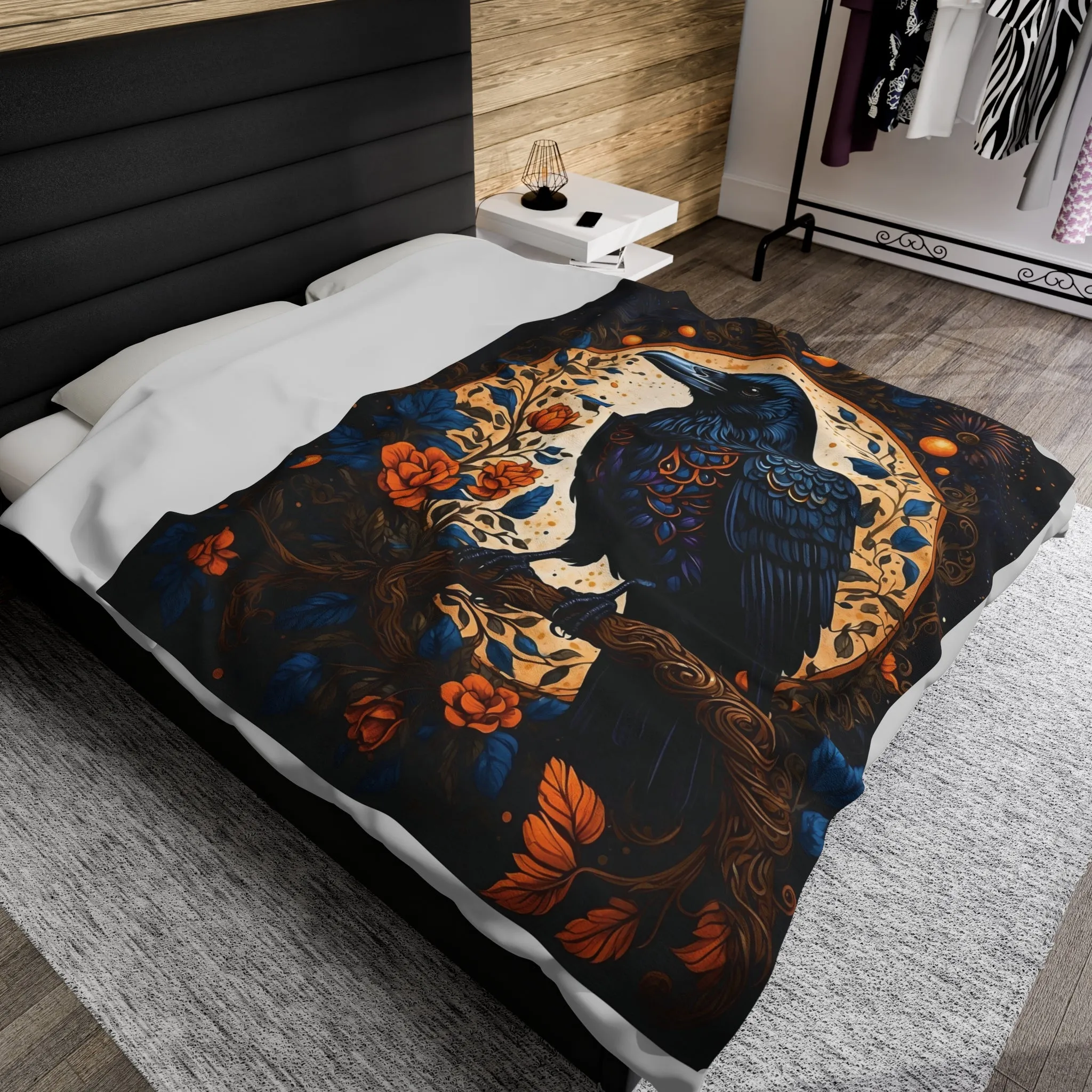 Raven with Orange Flowers Velveteen Plush Blanket