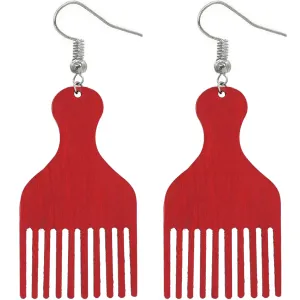 Red Afro Pick Comb Afrocentric Wooden Earrings