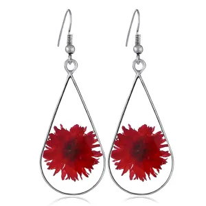 Red Pressed Peony & Silver-Plated Teardrop Earrings
